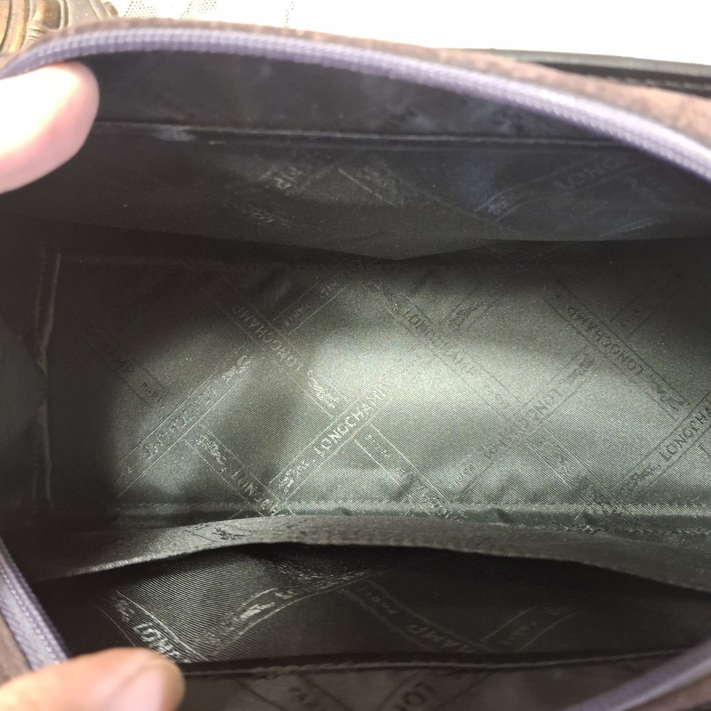 Y2K Vtg Longchamp Eggplant Patent Leather Suede Double Handle Bag Classic Luxury - Picture 10 of 11
